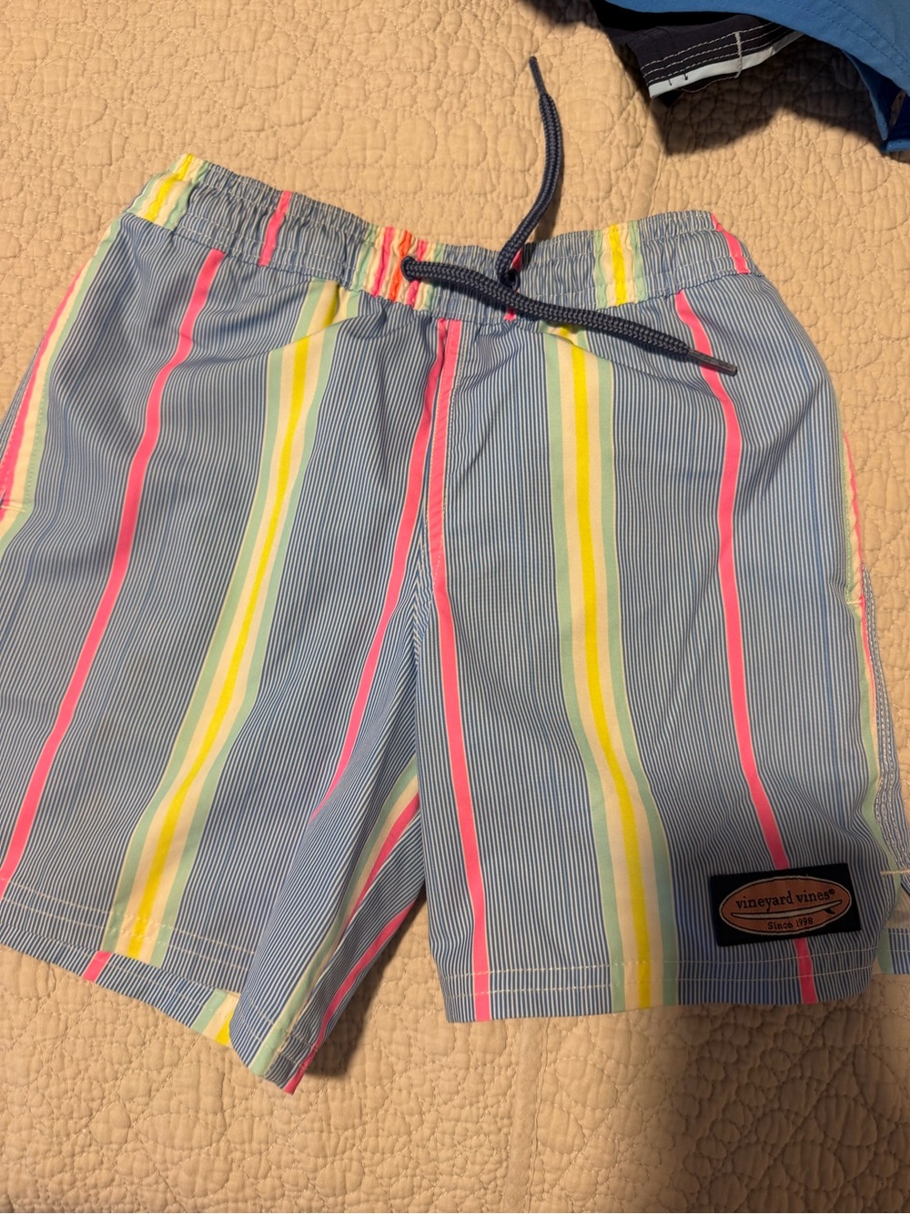 Vineyard Vines Blue Striped Kids Swim Trunks with Neon Pink & Yellow